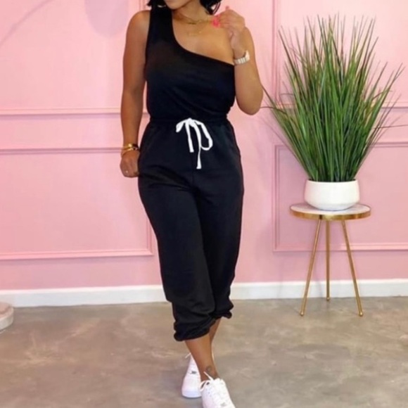 ONE shoulder top with joggers. Black with white drawstring. Small - Picture 1 of 2